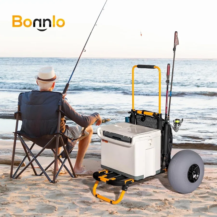 عربة صيد الشاطئ عربة الشاطئ مع 12 عجلات بالون كبيرة قابلة للطي بإطار ألومنيوم برتقالي مقبض 23 × 15 سمكة سطح البضائع