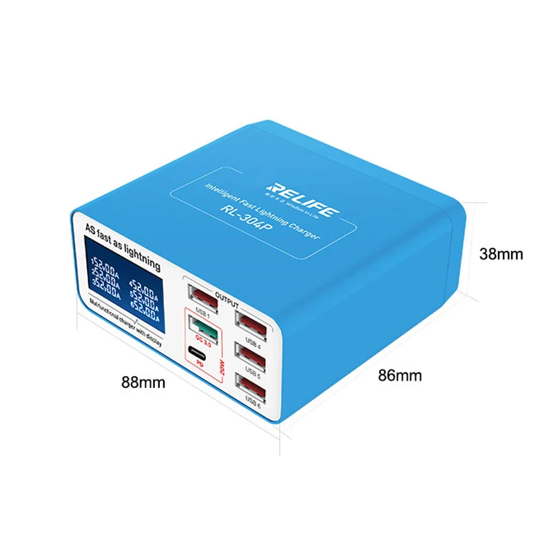 RELIFE RL-304P Smart 6-port USB Digital Display Charger for Mobile Phone And Tablet Charging Support for PD3.0+QC3.0