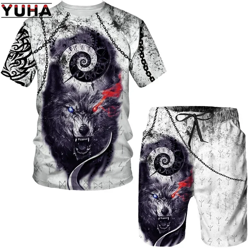 Fashion Summer Wolf 3D Printed Men\'s T-Shirt Shorts Sleeve Tops Unisex Cool Animal Sport O-neck Tracksuit Hip Hop Set Su