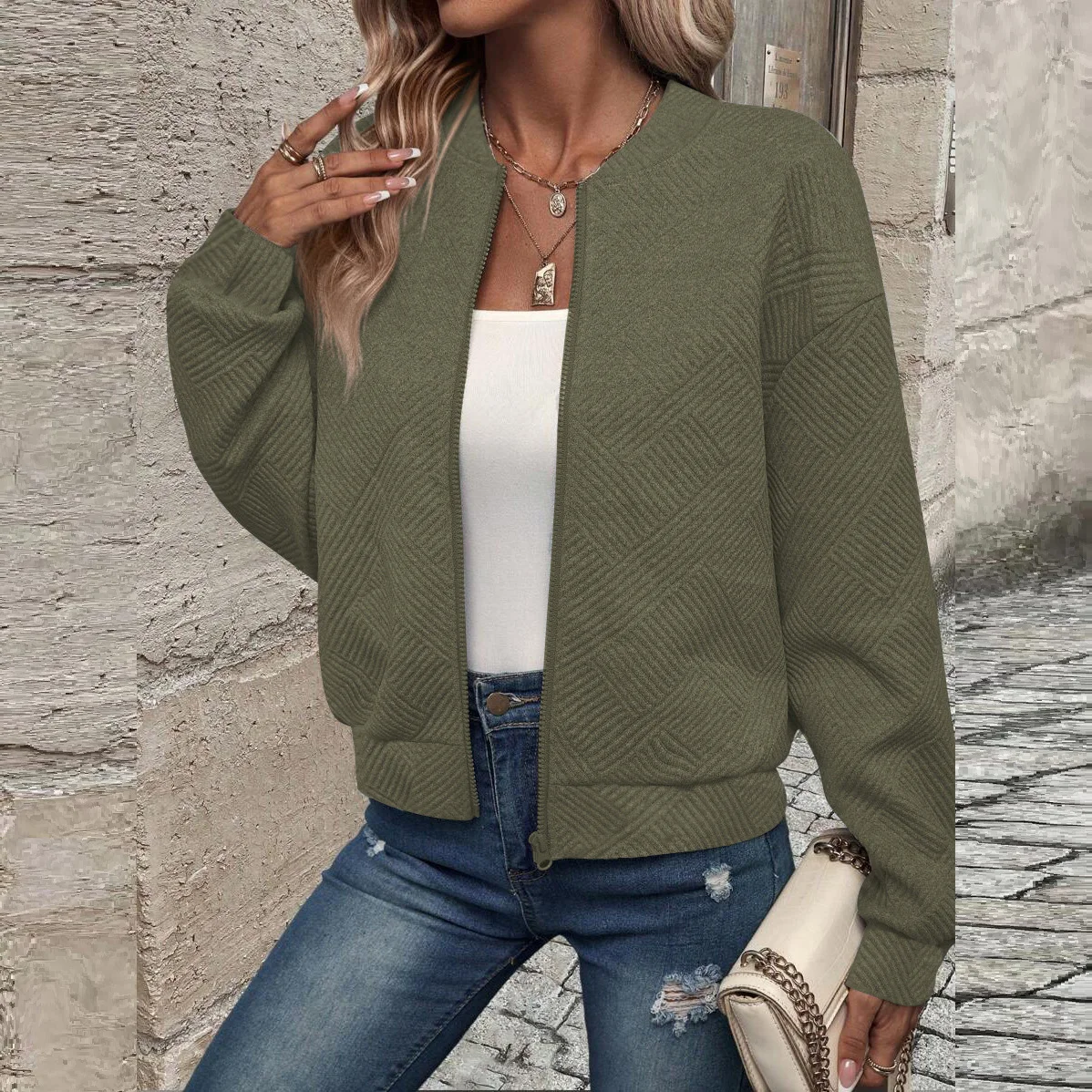 Damen Herbst- und Winterjacke, Neu, Einfarbig, Schlicht und Exquisit, mit Reißverschluss, Baseballkragen, Lässige Jacke – Detail 12