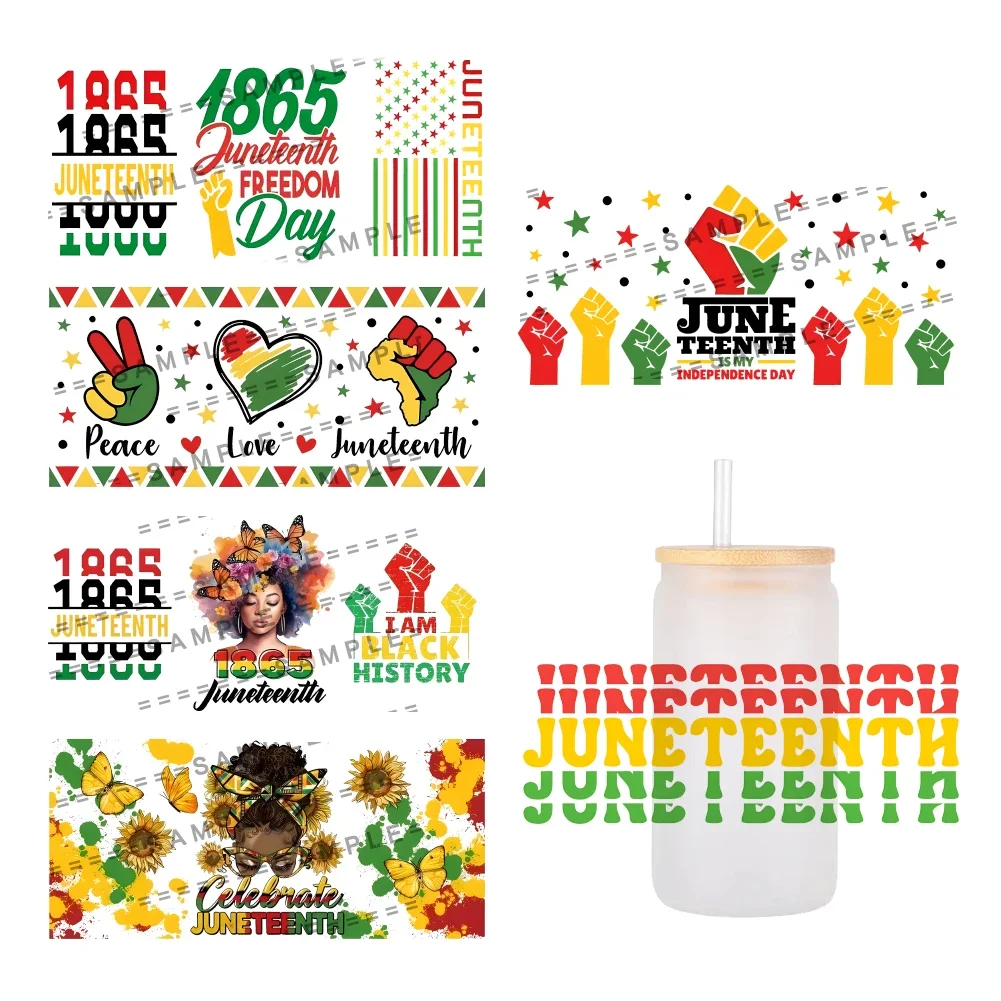 Juneteenth 3D UV DTF Wraps Transfer Sticker DIY For 16oz Libbey Glass Cup Waterproof Wrap Transfers Decals Coffee Cup