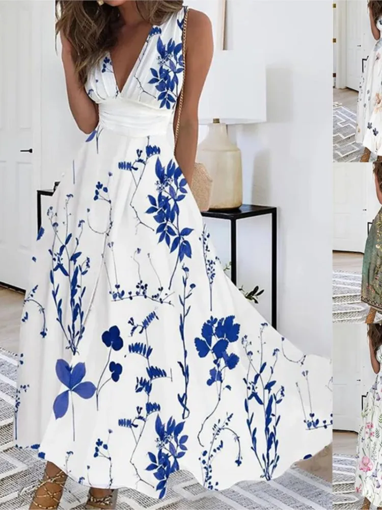 Summer Floral Elegant Party Long Dress For Women 2024 Sexy Deep V Neck Sleeveless Slim White Print Casual Maxi Dresses Robe