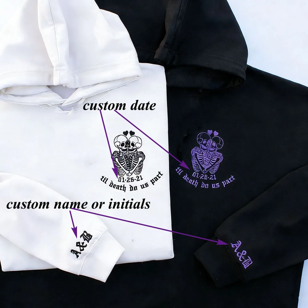Sudaderas con capucha para parejas con estampado de calavera, nombre personalizado, fecha, hasta la muerte, sudaderas a juego, regalo de aniversario del Día de San Valentín para ella