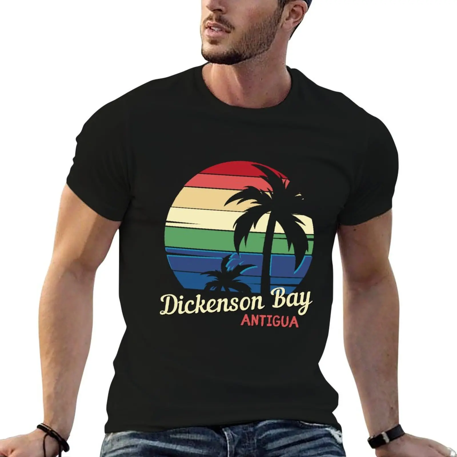 Dickenson Bay, Antigua, Blissful Beach, Tropical Vintage Sunset, T-shirt décontracté à manches courtes de grande taille