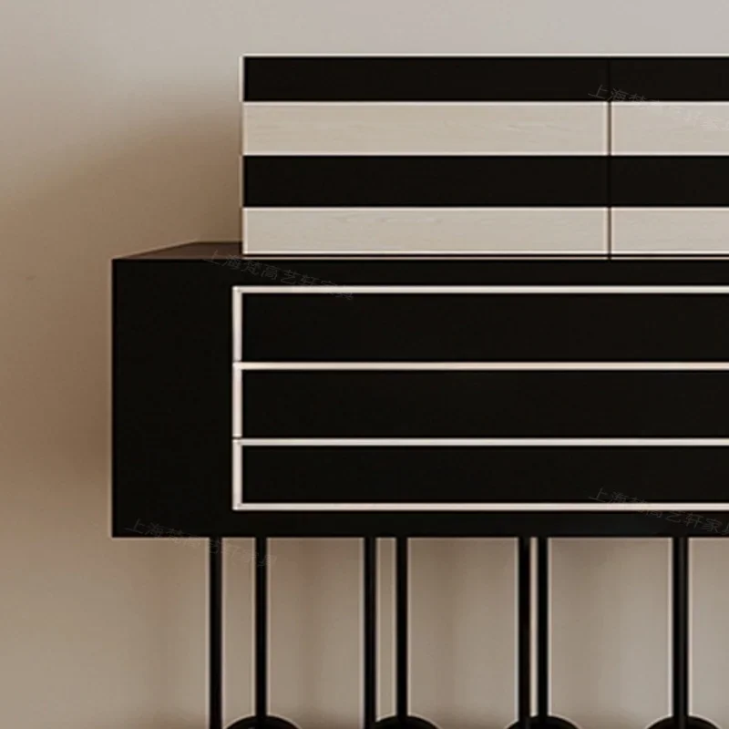 French retro black and white color scheme side cabinet creative design solid wood porch cabinet living room storage