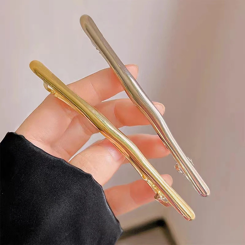 11cm Women New Simple Metal Golden Strip Long Barrettes Hair Clips Vintage Hairpins Automatic Smooth Spring Clip Hairgrip