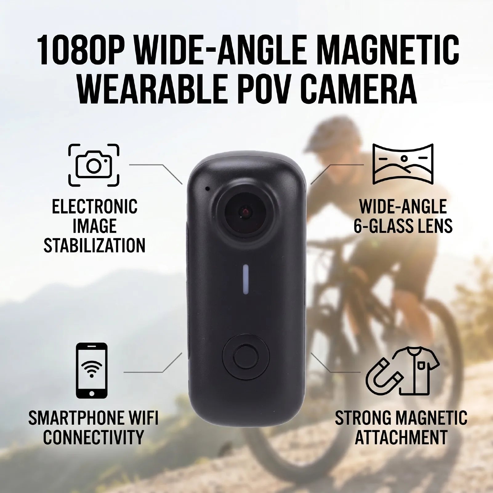 Action Camera 1080P HD WiFi Wide Angle Magnetic Wearable POV Camera with APP for Outdoor Sports Travel Action Camera POV Camera