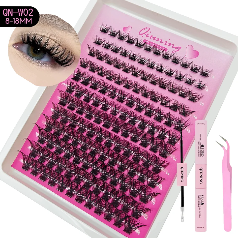 Kit de pestañas manga QIUNING con pegamento y sellador, extensión de pestañas en racimos, bandeja mixta 6