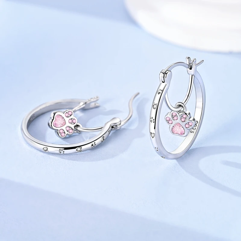 Original 925 Sterling Silver Cute Pink Pet Paw Drop Hoop Earrings For Women Party Wedding Jewelry Gift