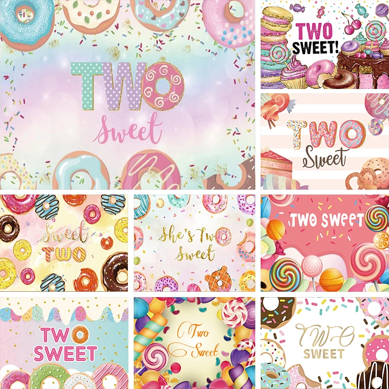 

Two Sweet Backdrop Happy 2nd Birthday Girl Banner Sprinkles Donuts Party Decorations Candy Cake Photo Background Photography