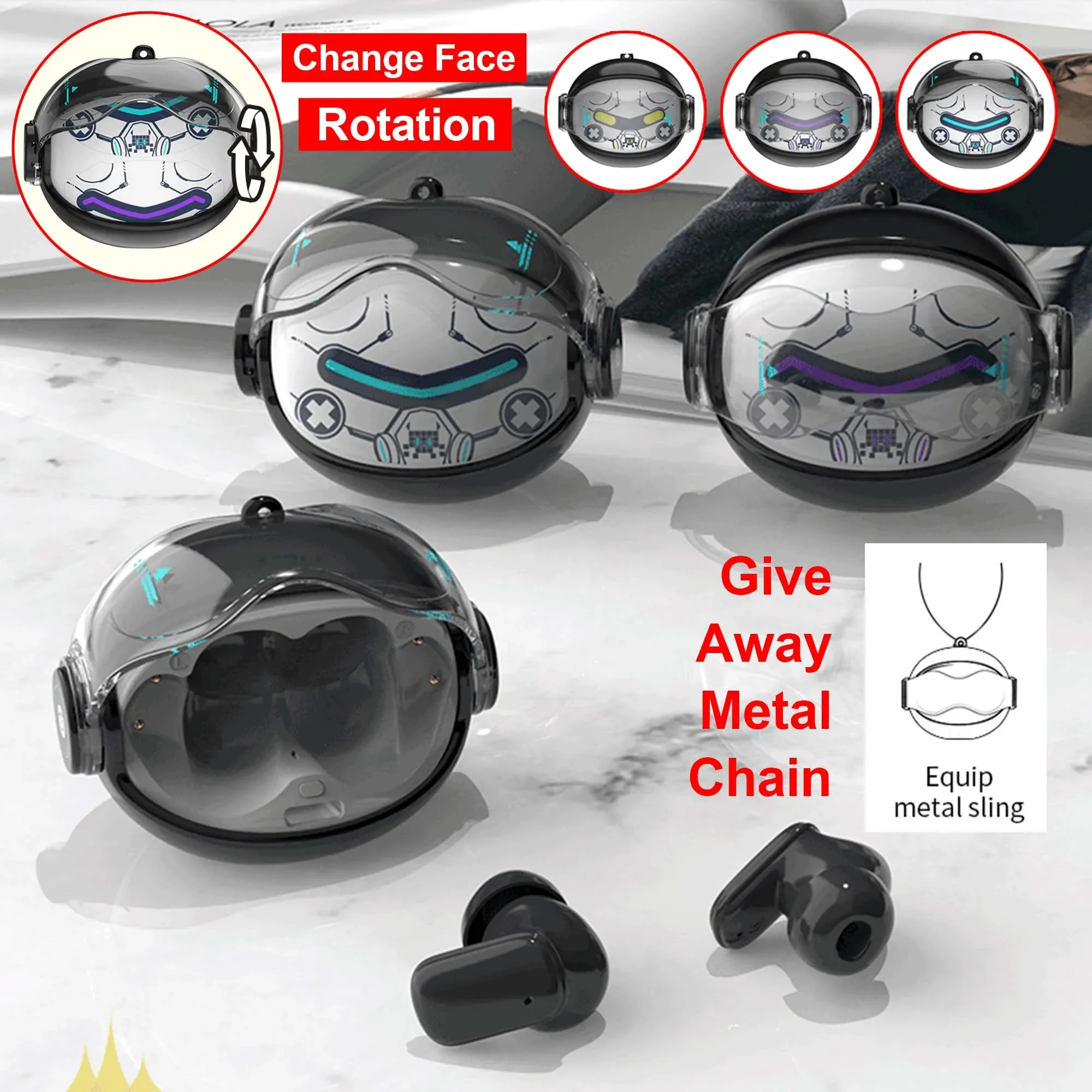 

Trendy Rotation Robot TWS Wireless Earphone Sci-fi Cyber Mecha Sound Effect Mask Face Changing Give Away Chain Bluetooth Earbuds