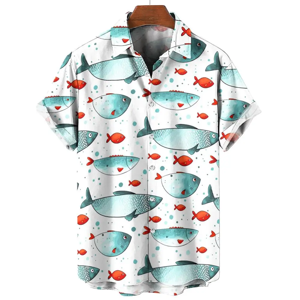 Men\'s Hawaiian Shirts 3D Print Fish Graphics Fashion Button Short Sleeve Lapel Streetwear Hawaiian Blouse shirts for men Summer