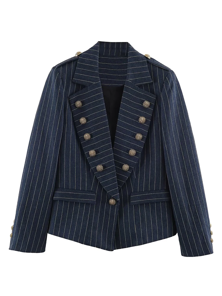 HH 2026 Fashion Women's  Navy Pinstripe Blazer Autumn Elegant Female Long Sleeves Button Military Style Slim Suit Jacket