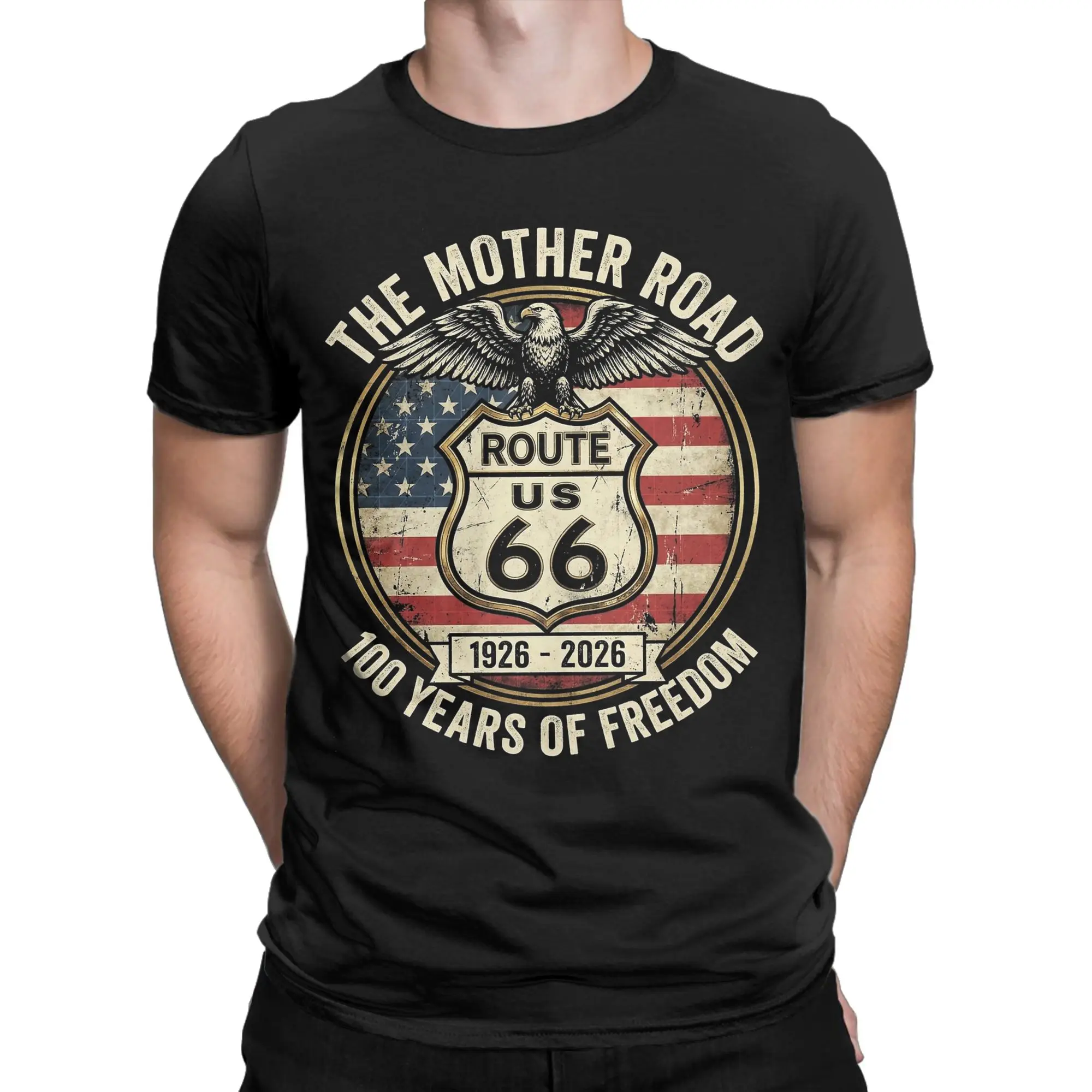 Men T-Shirts Route-66 100 Years Centennial Vintage Pure Cotton Tees Short Sleeve Eagle The Mother Road T Shirt O Neck Tops Gift