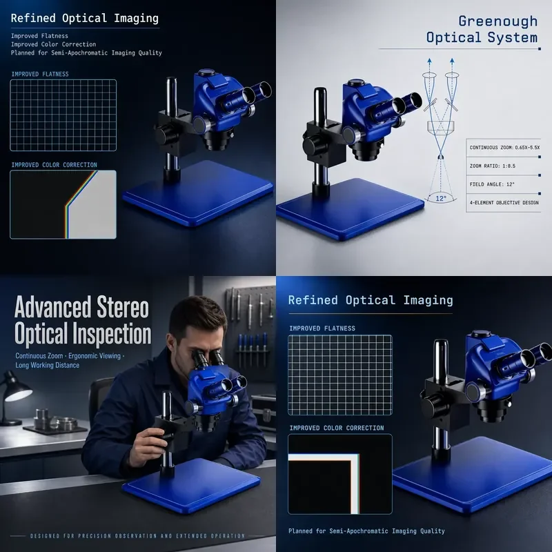 for High Resolution Stereo Microscope 0.65X-5.5X Continuous Zoom Flat Field Optical System Precision Inspection Repair