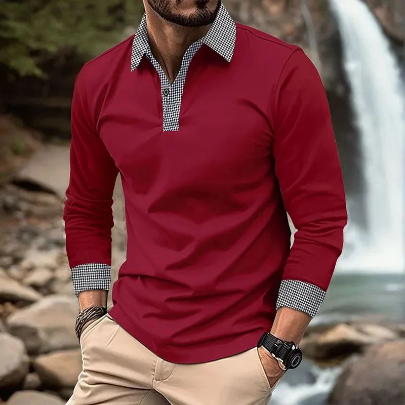 New Fashion Patchwork Solid Color Men's Polos T-Shirts Long Sleeve 3D Printed Street Button POLO Tee 6XL Plus Size Casual Tops