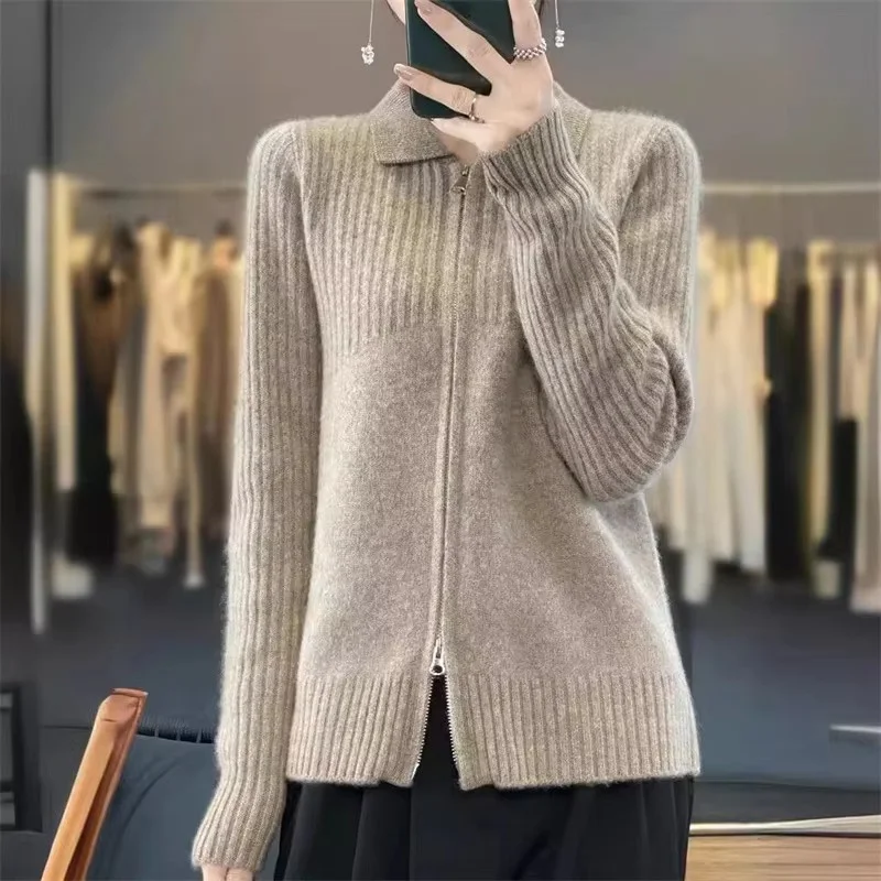 

Spring Autumn Zipper Lapel Sweet Cardigan Sweater Women Loose Fashion knitted Coat Bottoming Knitwear Tops Female Be All-Match