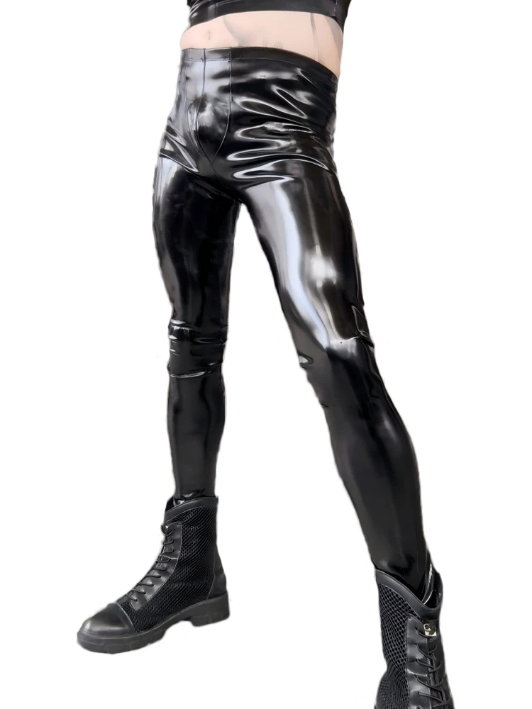 Sexy Men PU Elastic Pencil Pants No-clean Double Side Slim Leg Trousers Latex Faux Leather Punk Shaping Pants Plus Size view 5