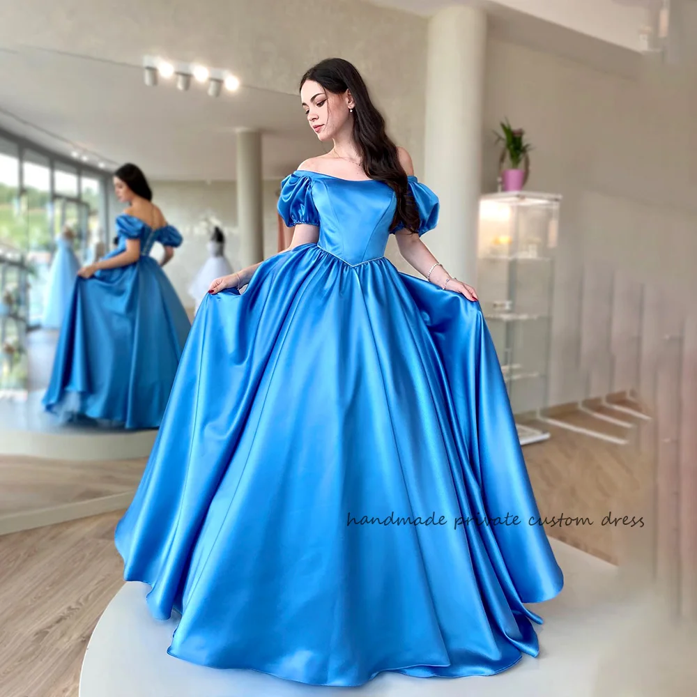 

Blue Satin A Line Graduation Prom Dresses Short Sleeve Off Shoulder Princess Event Party Dress Long Vintage Evening Gowns 2023