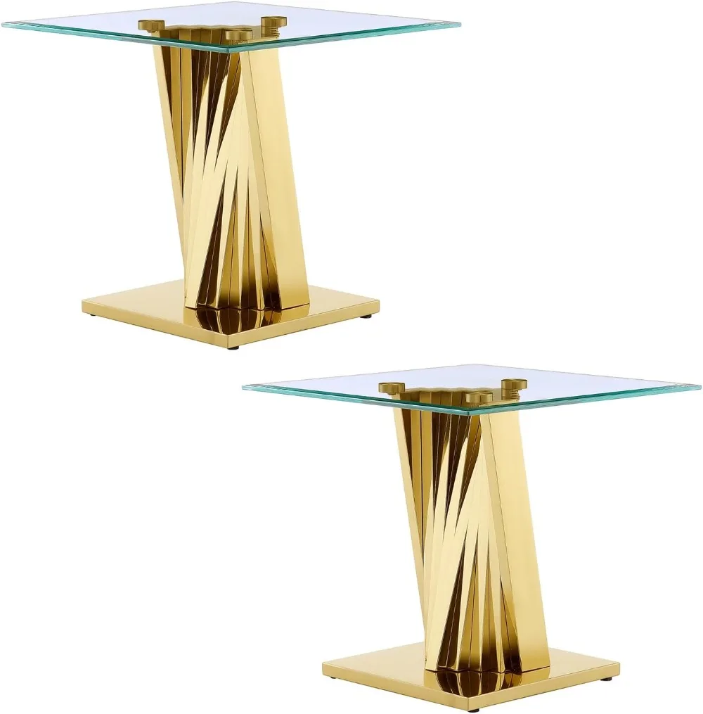 Modern End Table Set of 2 for Living Room, Clear Glass End Table with Polished Stainless Steel Base, Side Table for Hallway