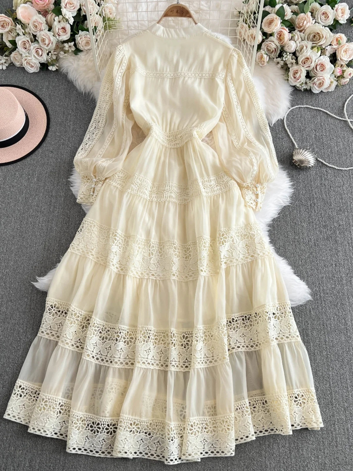 Fashion Summer Autumn Solid White Lace Embroidery Evening Dress Women Long Sleeve Midi Robe Party Wedding Vestidos