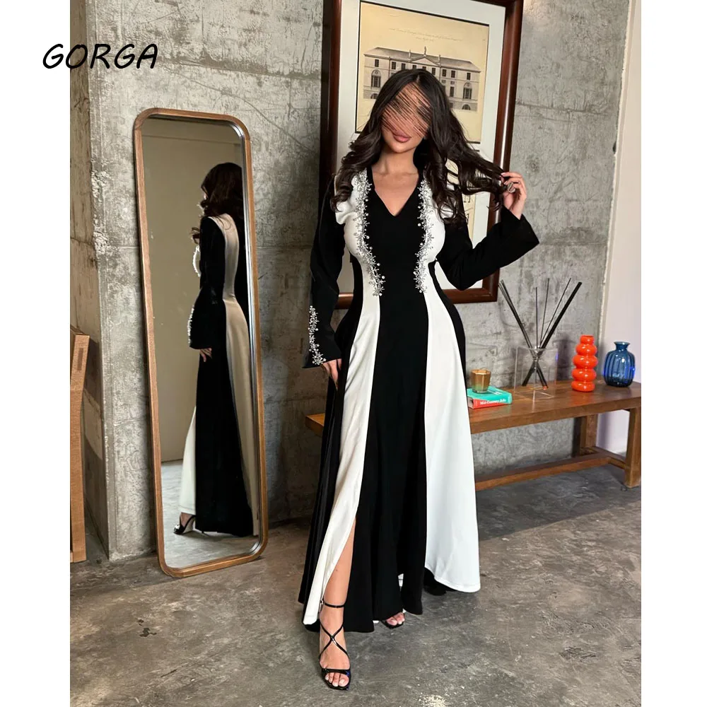 

GORGA Customized Black and White Crepe Evening Dress Beading V-Neck Prom Dress 2025 Backless Long Sleeves A-Line Party Dress
