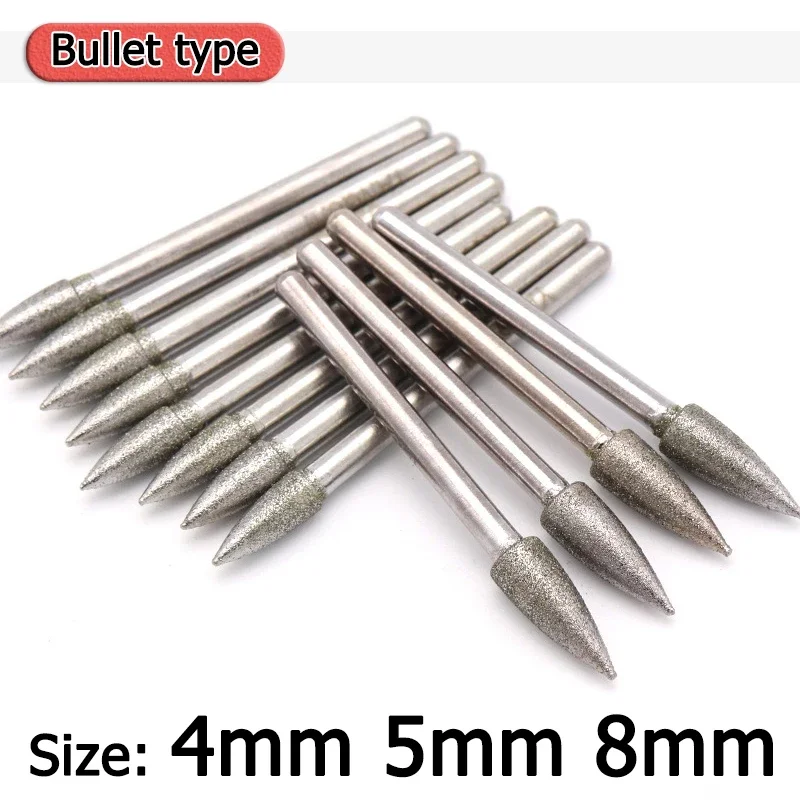 

5pcs 4mm 5mm 8mm Diamond & CBN Grinding Head Burr Point Bit 3mm Shank Carving Engraving Bit Bullet Shaped for Dremel Rotary Tool