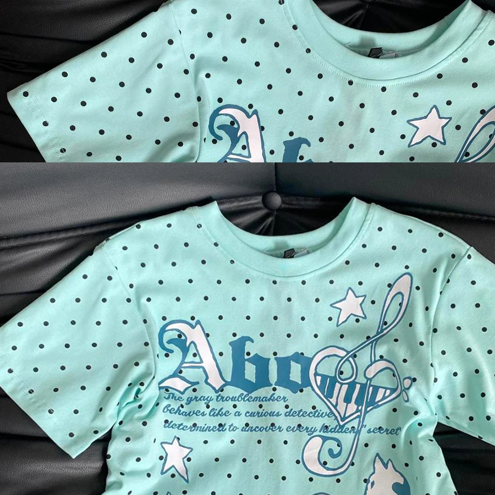 Harajuku Cartoon Letter Printed T-Shirt 2026 Summer Y2K Aesthetic Mint Green Casual Top Harajuku Women's Grunge Retro T-Shirt