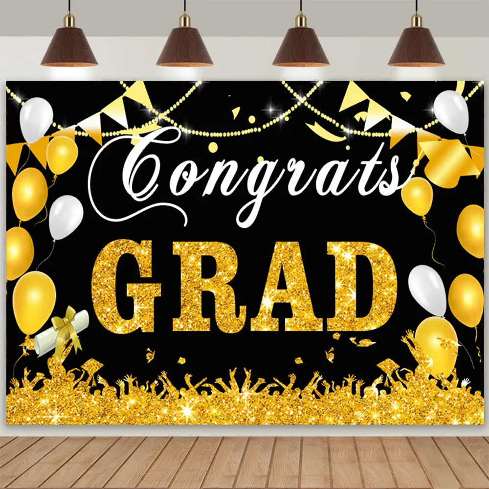الخريجين التصوير خلفية تهنئة حفلة موسيقية الذهب الأسود بريق قبعة التخرج يمكن نص مخصص ملصق راية ديكور