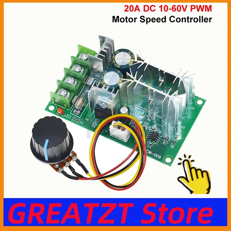 GREATZT DC 10-60V Motor Speed Control Regulator PWM Motor Speed Controller Switch 20A Current Regulator High Power Drive Module