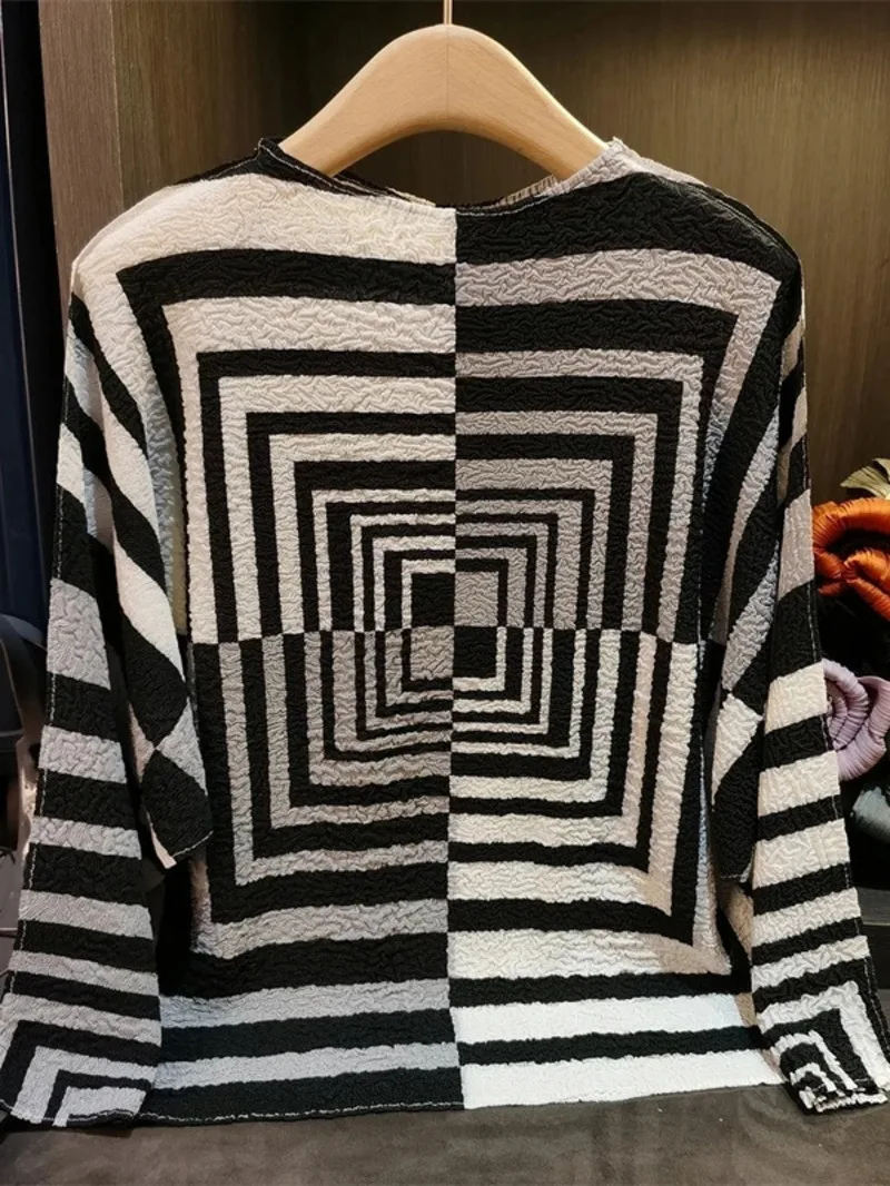 Striped Color Block Long Sleeve T-Shirt For Women New Large Size Loose Simple Casual Round Neck Pullover Top 2MP4H