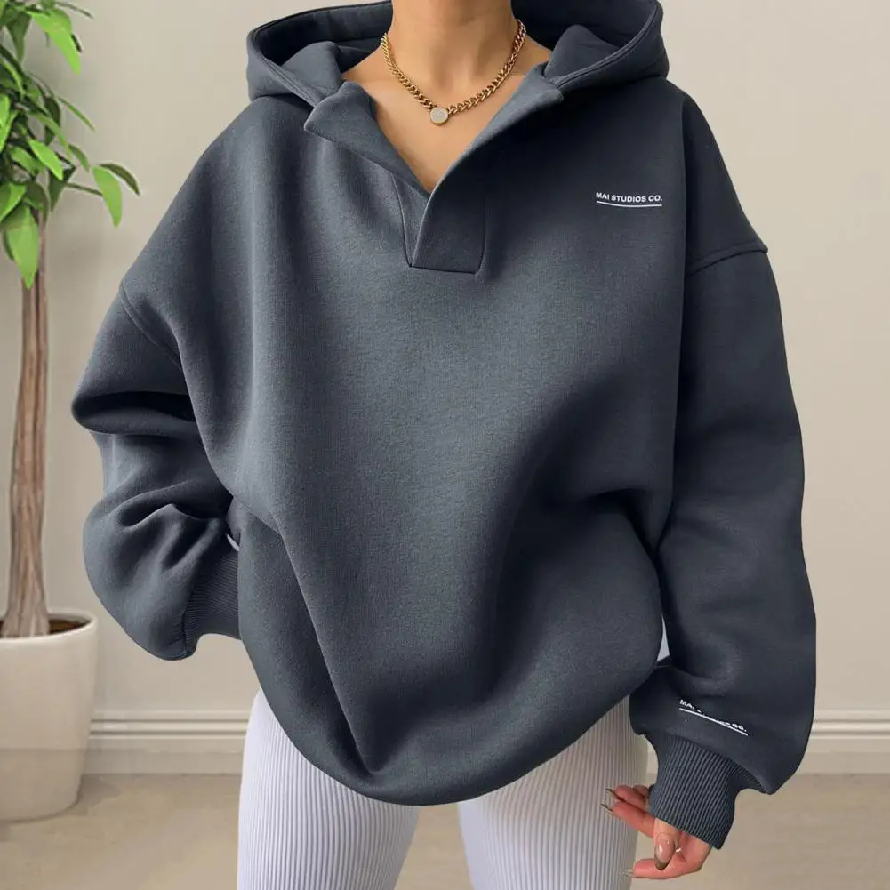 Women Hoodie Stylish V-neck Hoodie for Women Loose Pullover Top Fashionable Solid Color Sweatshirt for Autumn Winter Streetwear