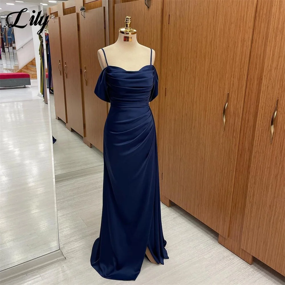 Lily Classic Dark Blue Prom Dress Strapless Mermaid Satin Evening Dress Spaghetti Straps Party Dress Floor Length فستان سهرة