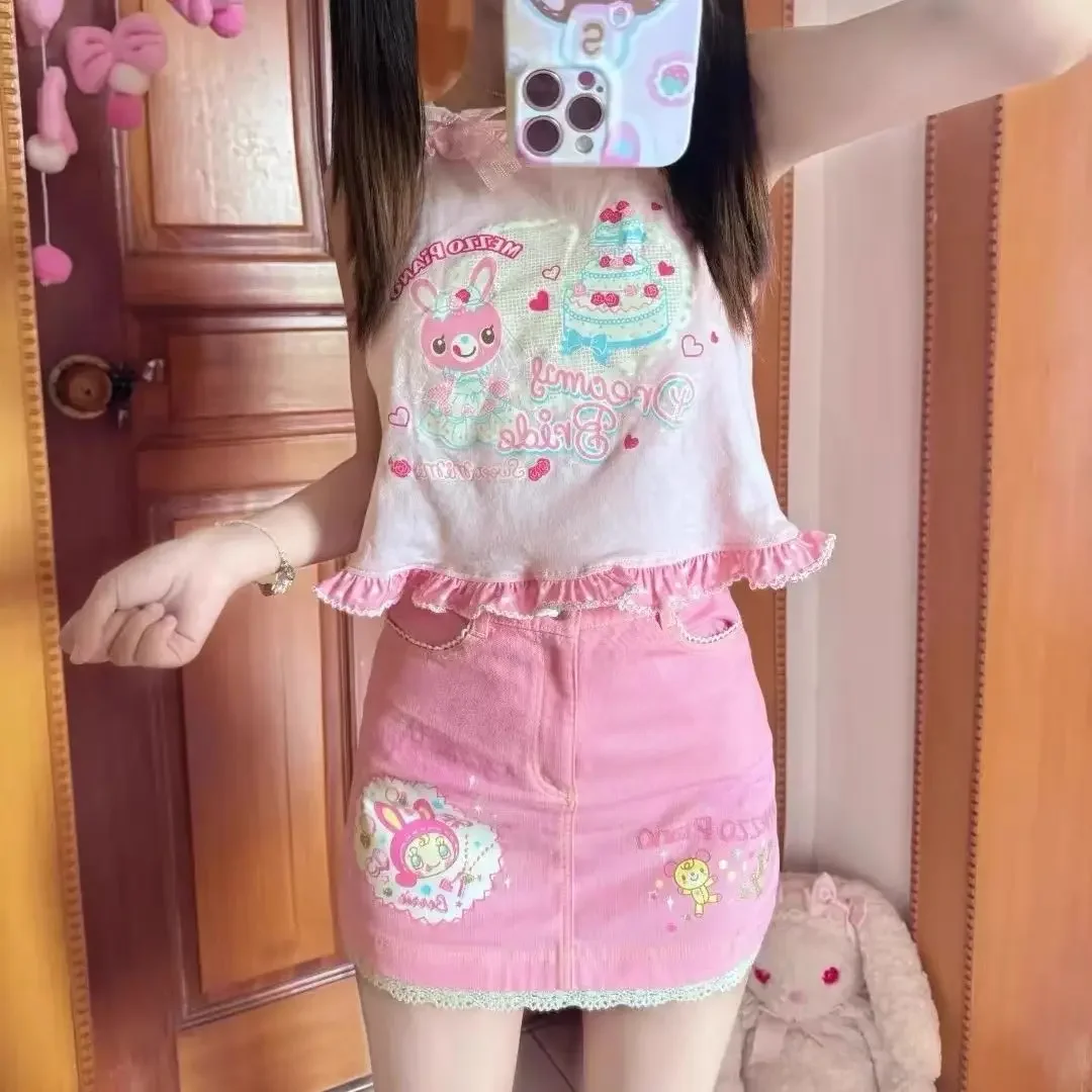 

Милый мультяшный топ без рукавов с принтом кролика, укороченный, в стиле Y2K, для девочек в стиле фейрикор, японский лолита, с кружевными оборками и бантом