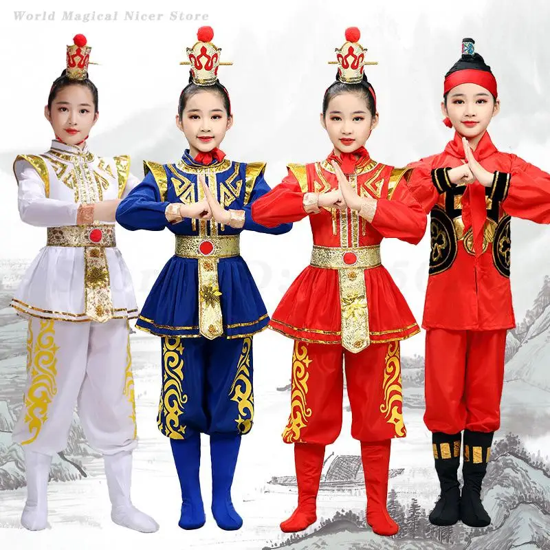 

Kids Boys Girls Hua Mulan Cosplay Costumes Chinese Folk Yangko Dance Clothes Oriental Traditional Opera Stage Performance Outfit