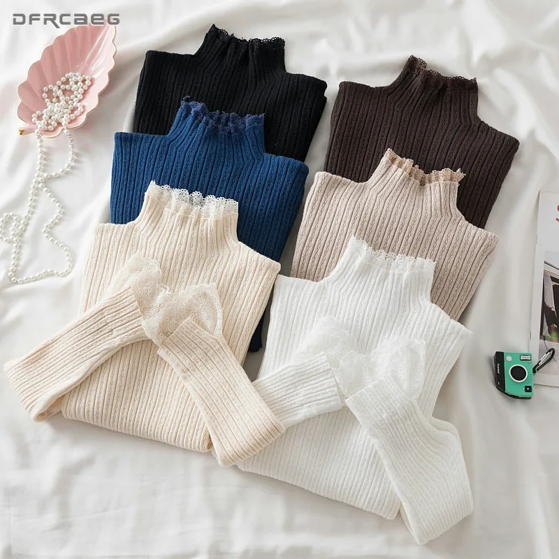 เสื้อไหมพรมผู้หญิงคอเต่าสูง แขนยาว แต่งผ้าลูกไม้ ดีไซน์ใหม่ สำหรับฤดูใบไม้ร่วงและฤดูหนาว เนื้อผ้านุ่ม สวมใส่สบาย