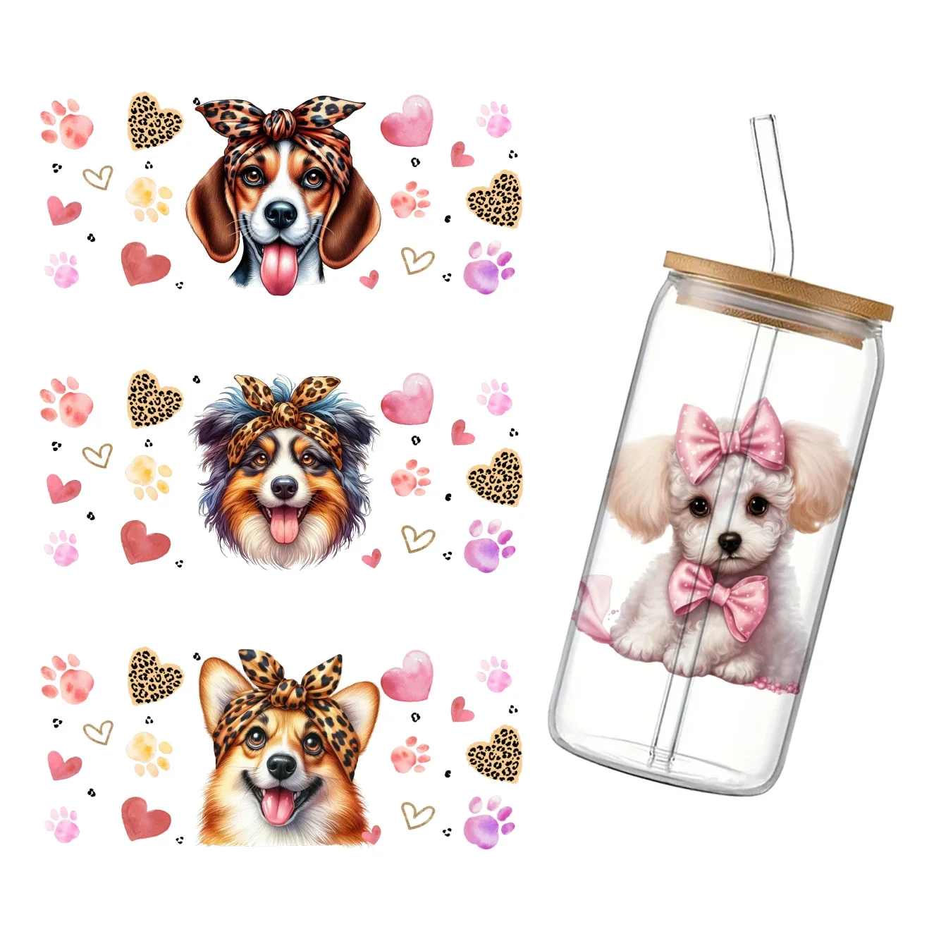 Pets Puppy For Libbey 11x24cm Cute 16oz Can Glass 3D Waterproof UV DTF Coffee Can Wrap Libbey Glass Wrap