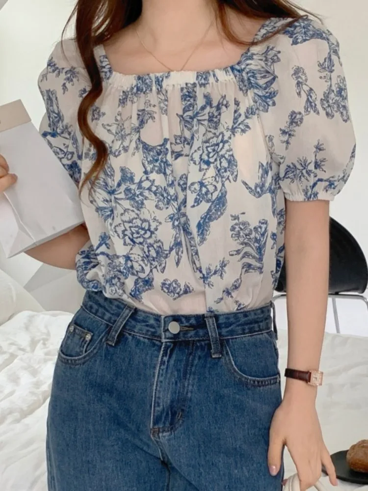 Doce sle blusa com estampa de marca de água oulder bared bubble sve feminino irt commute versão coreana corte reto ort sve