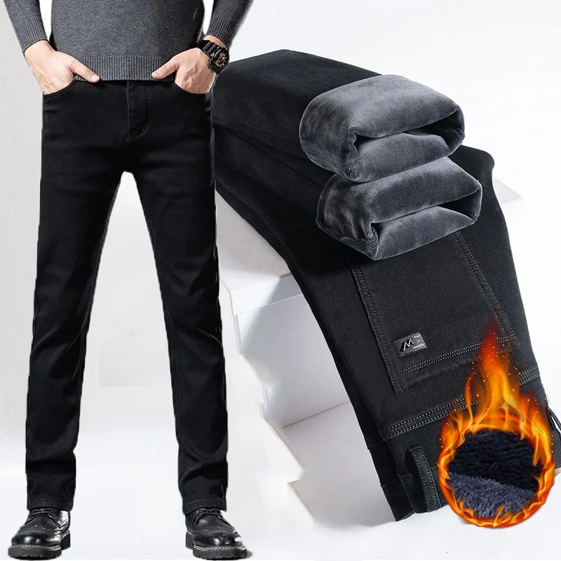 Calças de brim retas finas forradas de lã dos homens inverno quente veludo grosso denim calças térmicas de pelúcia casual workwear elegante ajuste confortável