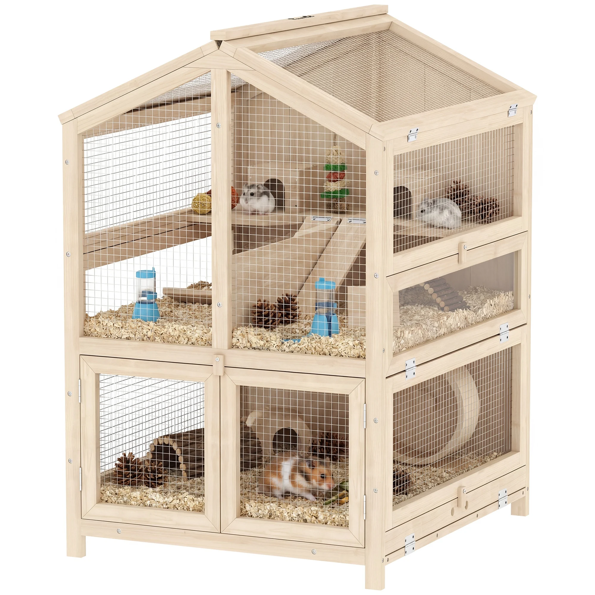 PawHut Jaula para Hámster de Madera de 3 Niveles con Bebederos Casetas Balancines Bandeja Extraíble y Tapas Abatibles Natural