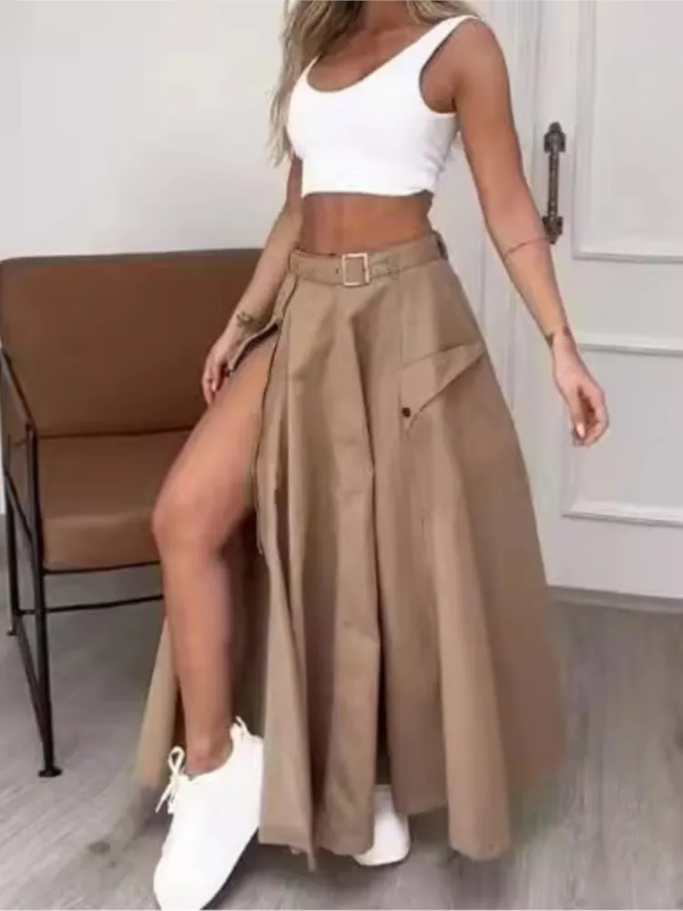 Casual Suit Women\'s Elegant Sleeveless Vest Solid Color Slit Belt Skirt Two-piece Set Loose With Pockets Zipper Long Skirt Sets