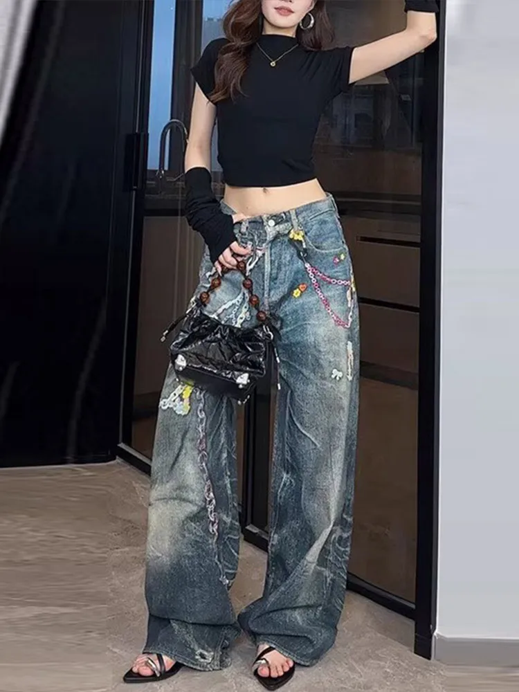 

Chain Print Hip Hop Gothic Denim Work Pants for Women Baggy Wide Leg Straight Utility Jeans Dragging Trousers American Vintage