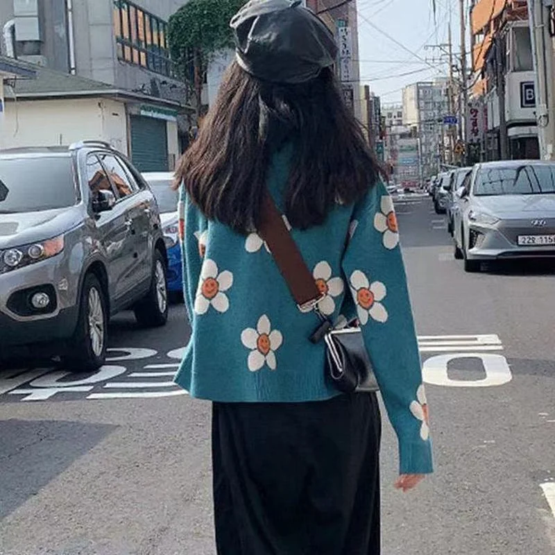 2023 Vintage Flower Knit Cardigans Sweater y2k Women Autumn Winter V Neck Loose Elegant Sweater Coat Female Casual Thick Clothes