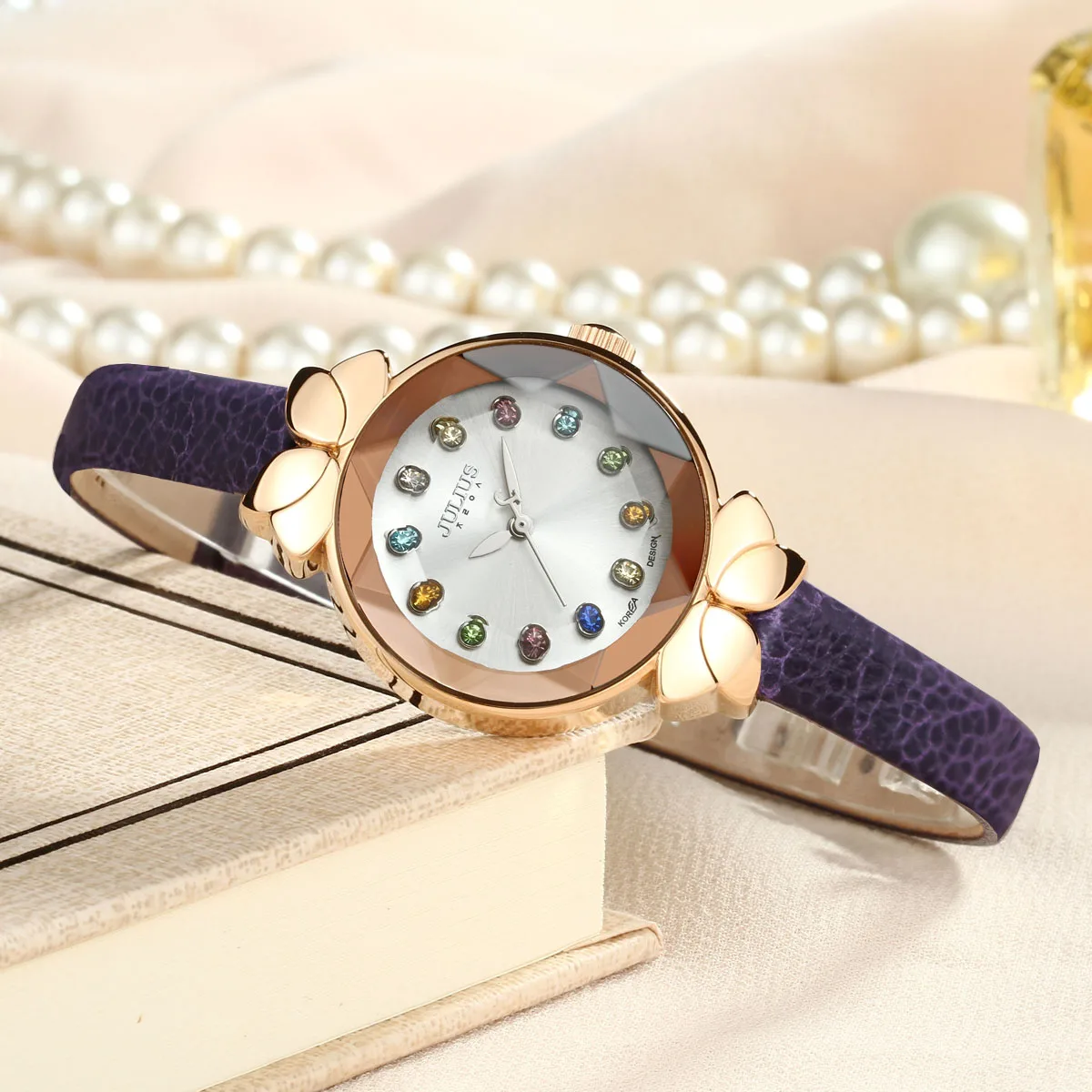 Colorful Crystal Top Julius Lady Women\'s Watch MIYOTA Cute Knot Fashion Hours Real Leather Bracelet Children Girl\'s Gift No Box