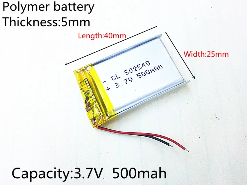 3.7V 500mAh 502540 Lithium Polymer Li-Po Rechargeable Battery li-ion cells For Mp3 Camera mobile phone GPS  Vedio Game toys