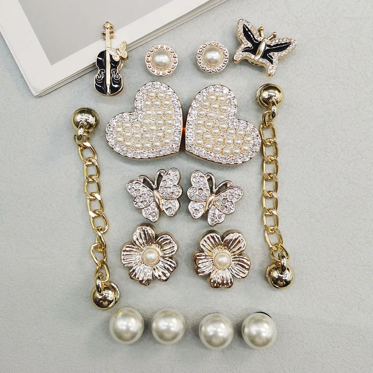 16PCS Bling Flower Violin Shoe Charms Accessories Heart Butterfly Clogs Shoe Buckles DIY Decoration Removable Chain Shoe Clips