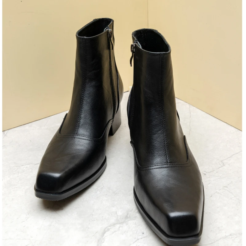 5 Cm High Heels Mens Warm Boots Luxury Genuine Leather British Style Handmade Winter Fashion Ankle Social Shoes with Height Man