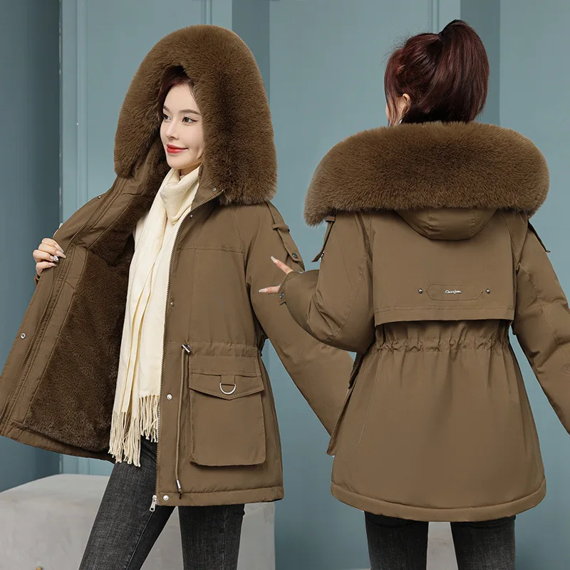 Women's Clothing Fleece Lining Thicken Warm Winter Coat Parka New Large Fur Collar Slim Fit Slimming Cotton Coat Short Tops