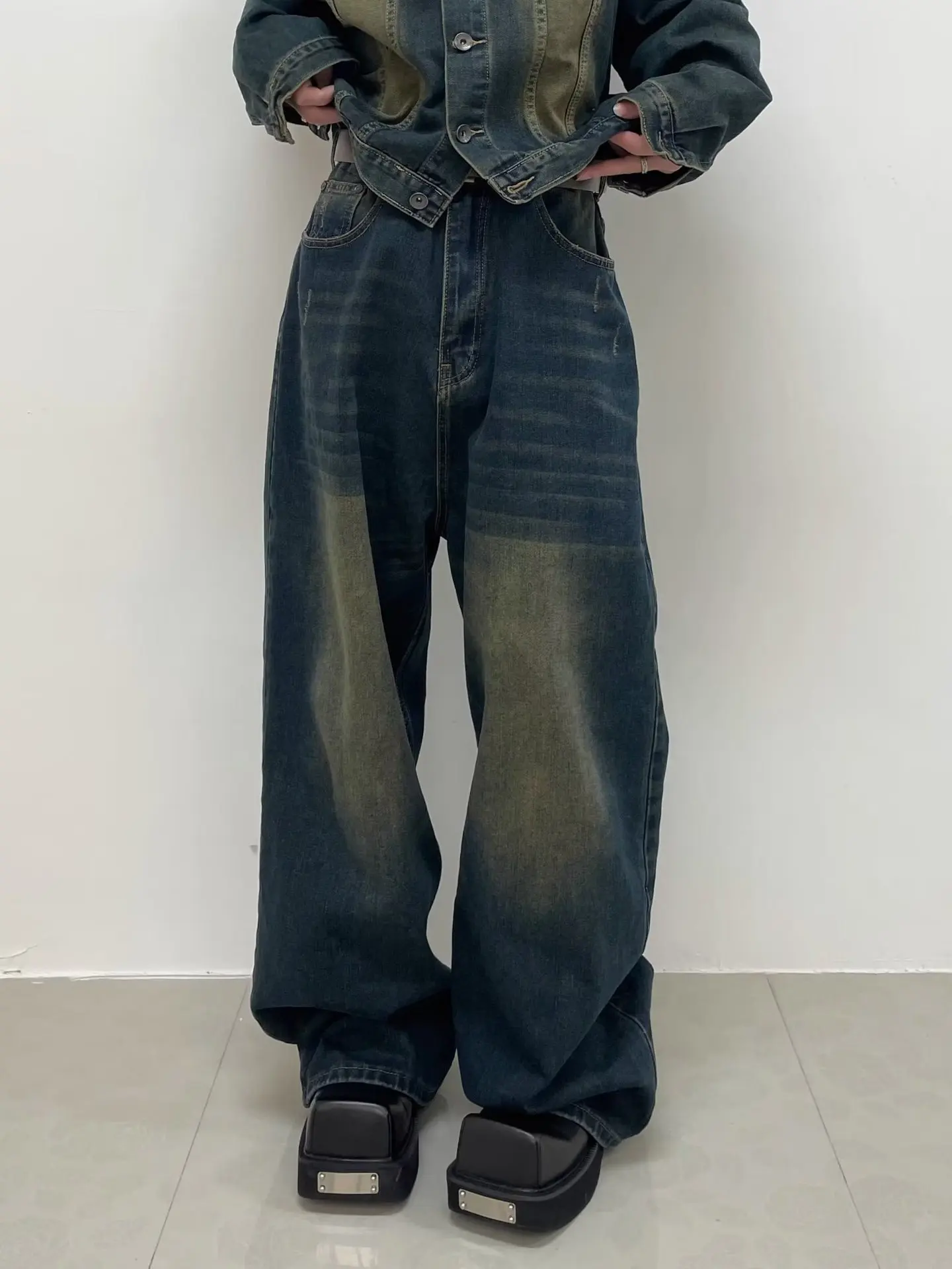 Men's Retro Loose Fitting Casual Jeans Y2k Casual Trendy Pants Vintage Baggy  Wide Leg High Street Mop Pants