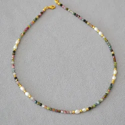 French retro art colored tourmaline real stone freshwater rice grain pearl bead short style fine necklace collarbone chain